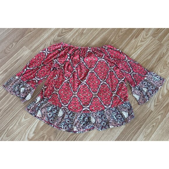 Style & Co Blouse Small Petite Bohemian Floral Bell Sleeve Red Gray Ruffled Boho - Picture 6 of 7